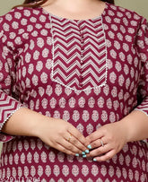 Maroon printed plus size cotton straight kurta (9XL), high-quality Indian-made floral design women's fashion